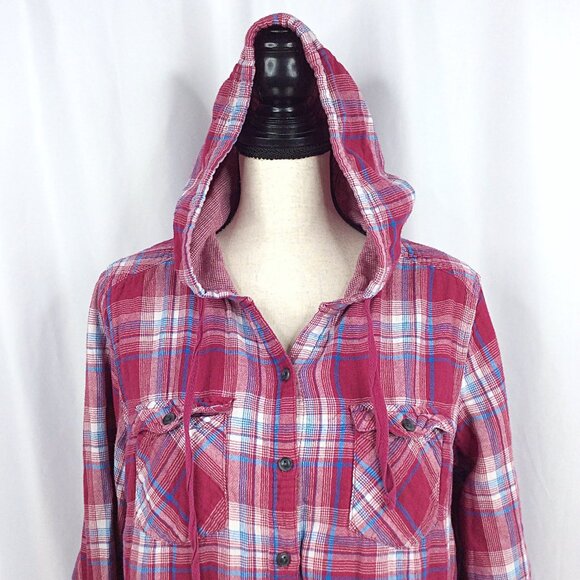 Boston Traders Hoodie Button Down Top Womens XL Plaid Roll Tab Sleeves DAMAGE - Picture 7 of 13